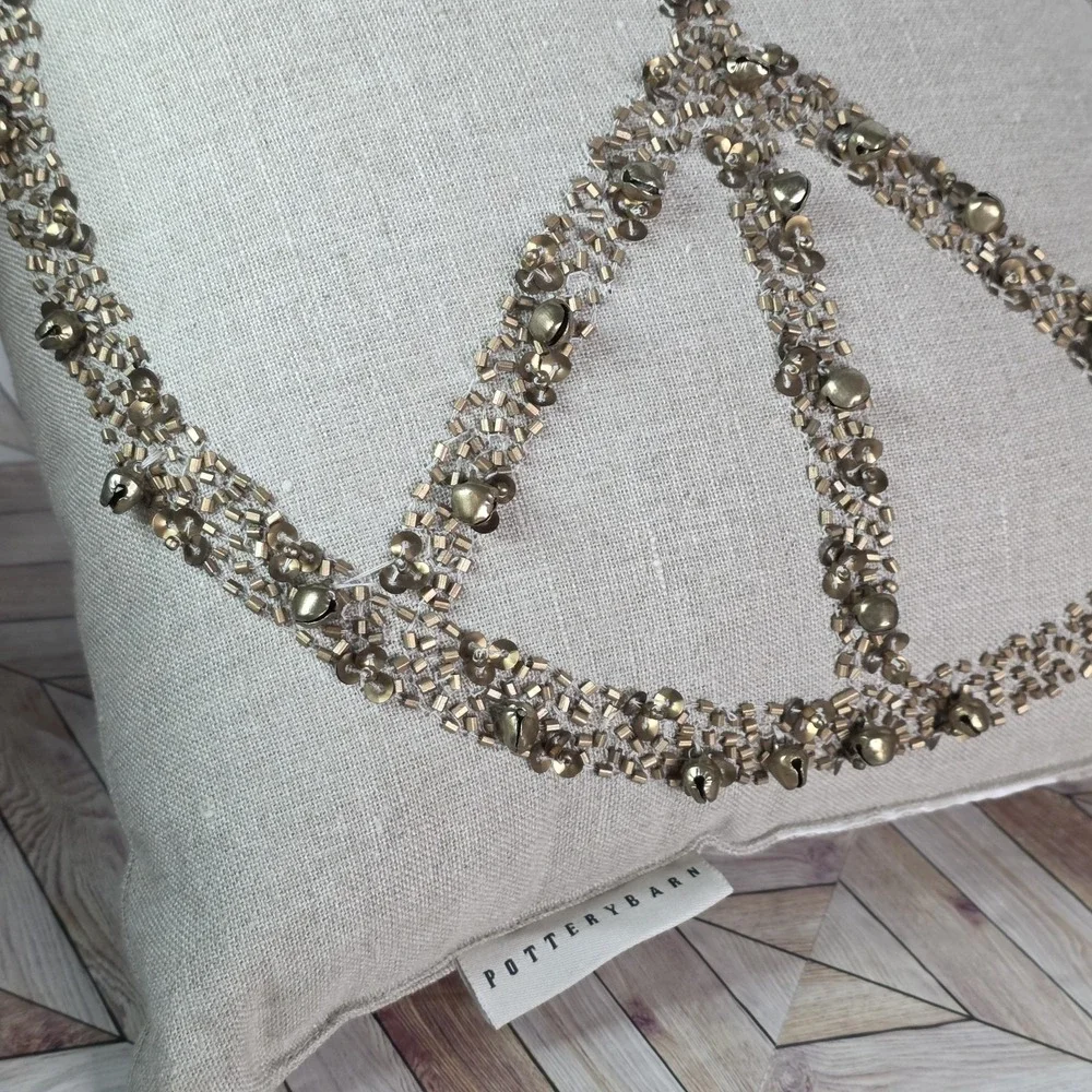 Lot 3 Pottery Barn NWT Jingle Bell Peace Throw Pillow Gray Gold Embellished READ